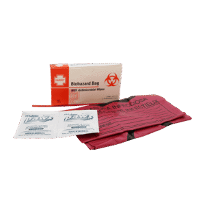 Biohazard bags with antimicrobial wipes