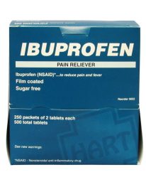 Ibuprofen pain reliever tablets in a 250 packet box - front view