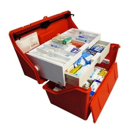 Good look at the fold out featur of the Flambeau trauma kit.
