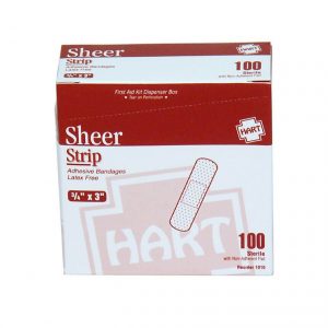 Sheer strip adhesive bandages 3/4" x 3" 100 count box.