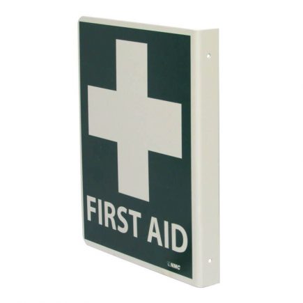 8" x 10" white on green FIRST AID sign - two sided view.