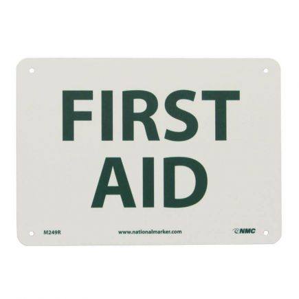 Rectangular green on white first aid alert sign.