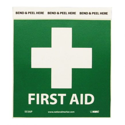 Green background white cross and FIRST AID letters.