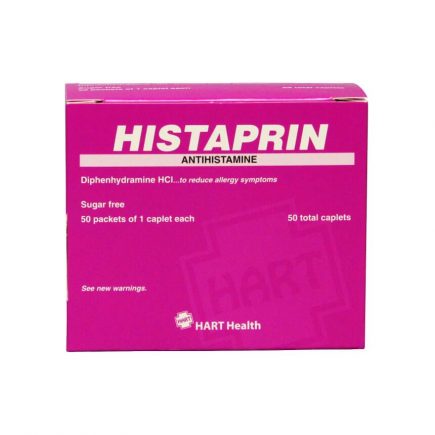 Histaprin antihistamine caplets, 50/box - front view