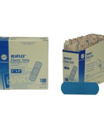 BluFlex woven flexible elastic blue strip bandaids 100/box - display view