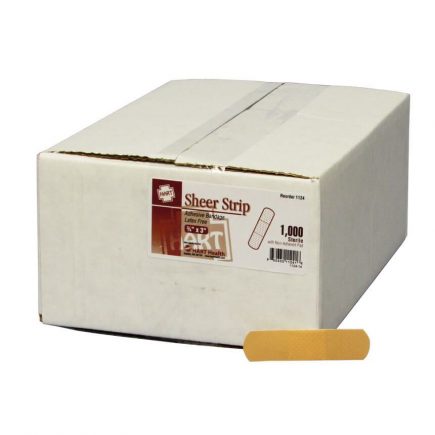Bulk box of 1000 count sheer strip bandages with displayed sheer strip.
