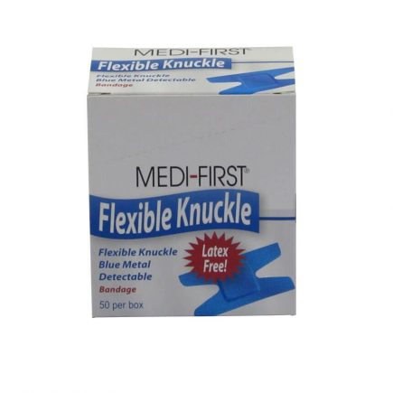 Blue, metal detectable flexible knuckle bandage 50/box - front view