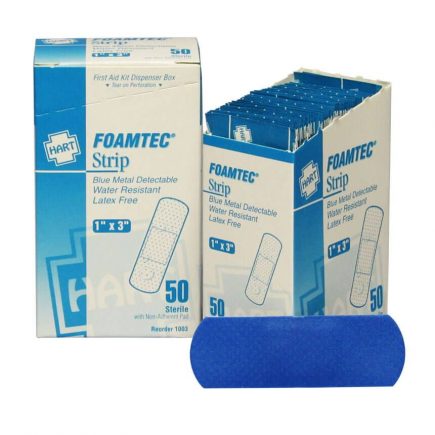 Foamtec Blue Foam Metal Detectable Adhesive Bandages 1" x 3" - 50/box - display view