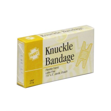 Unit box of 8 fabric woven knuckle bandages - front view.