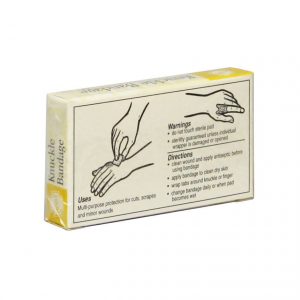 Unit box of 8 fabric woven knuckle bandages - back of package illustrations.
