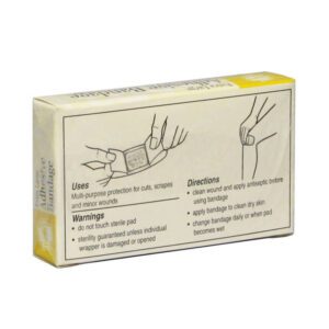 Adhesive bandage back of package illustrations for use.