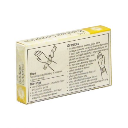 Bandage compress in unit box - back of box illustrations for use.