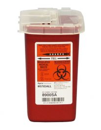 Tall, narrow style sharps container in red plastic.