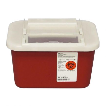 Short and wide one gallon sharps container.