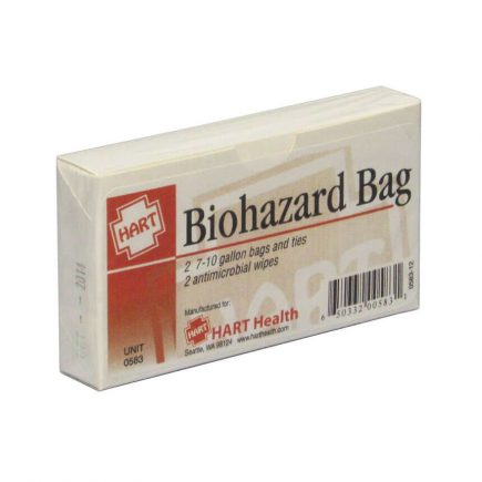 Unit box of  two Biohazard bags and antimicrobial wipes - front view of package.