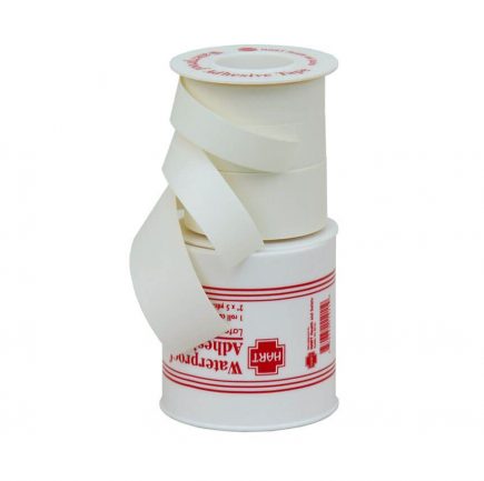 Three cut adhesive tape on a spool with cover - open view