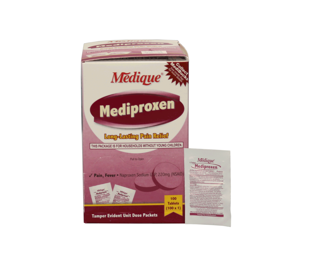 Mediproxen Tablets 100 count box, individually wrapped packets.