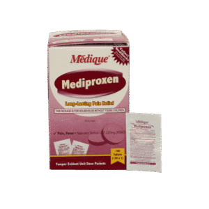 Mediproxen Tablets 100 count box, individually wrapped packets.