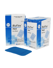 Bluflex patch bandages, open dispenser box