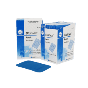 Bluflex patch bandages, open dispenser box