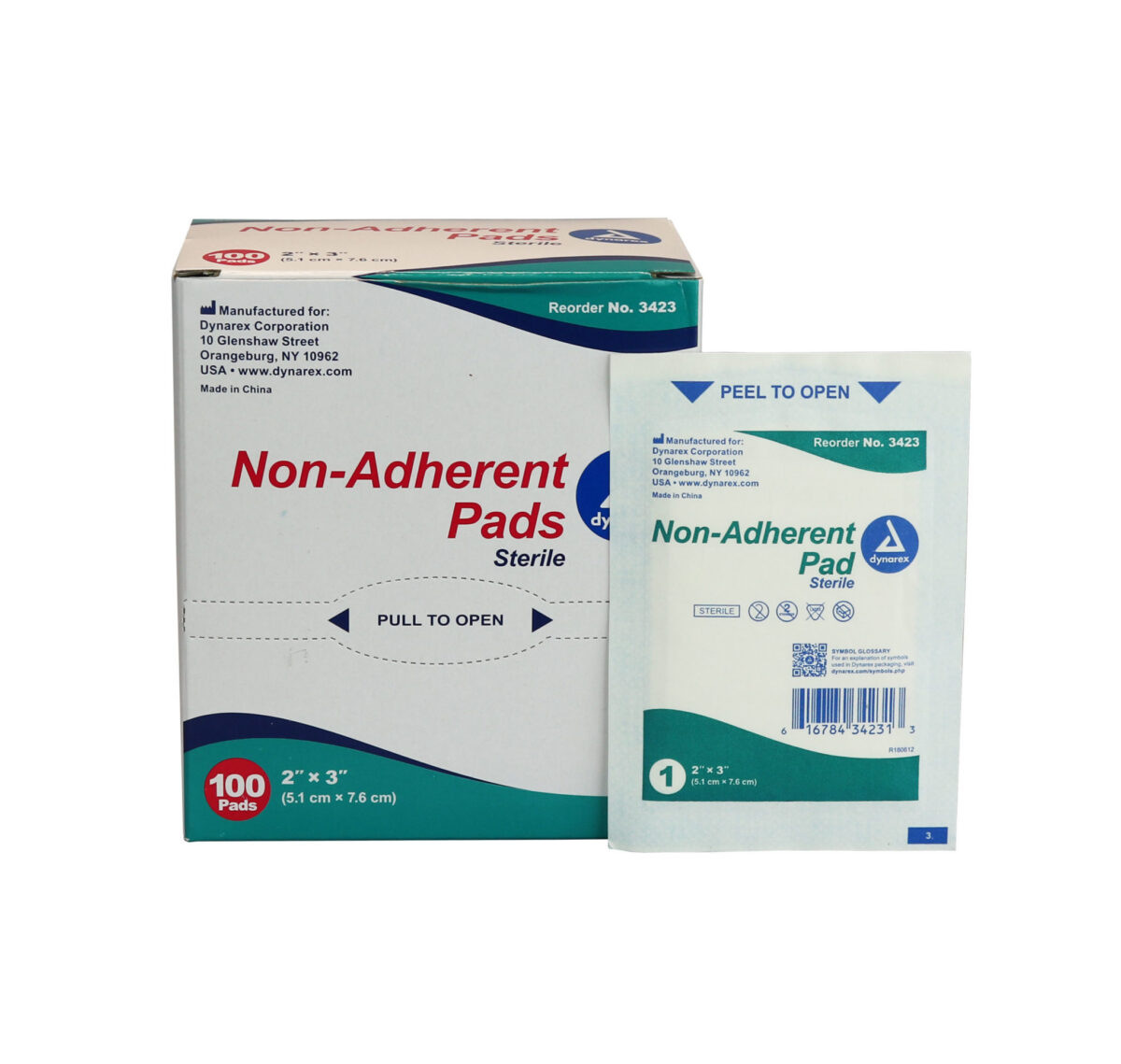 Dynarex Non-Adherent Pads 2" x 3", 100-count box.