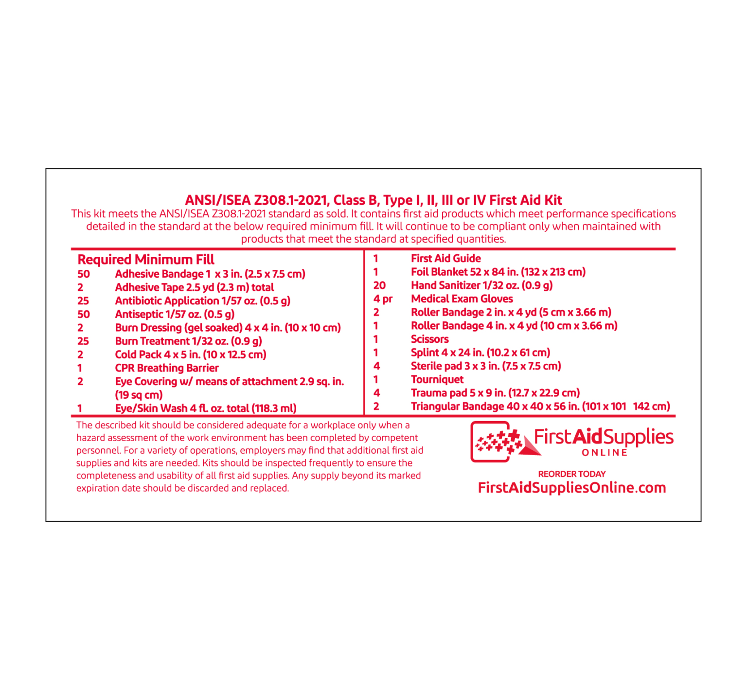 ANSI Z308.1-2021 Class B Kit Label