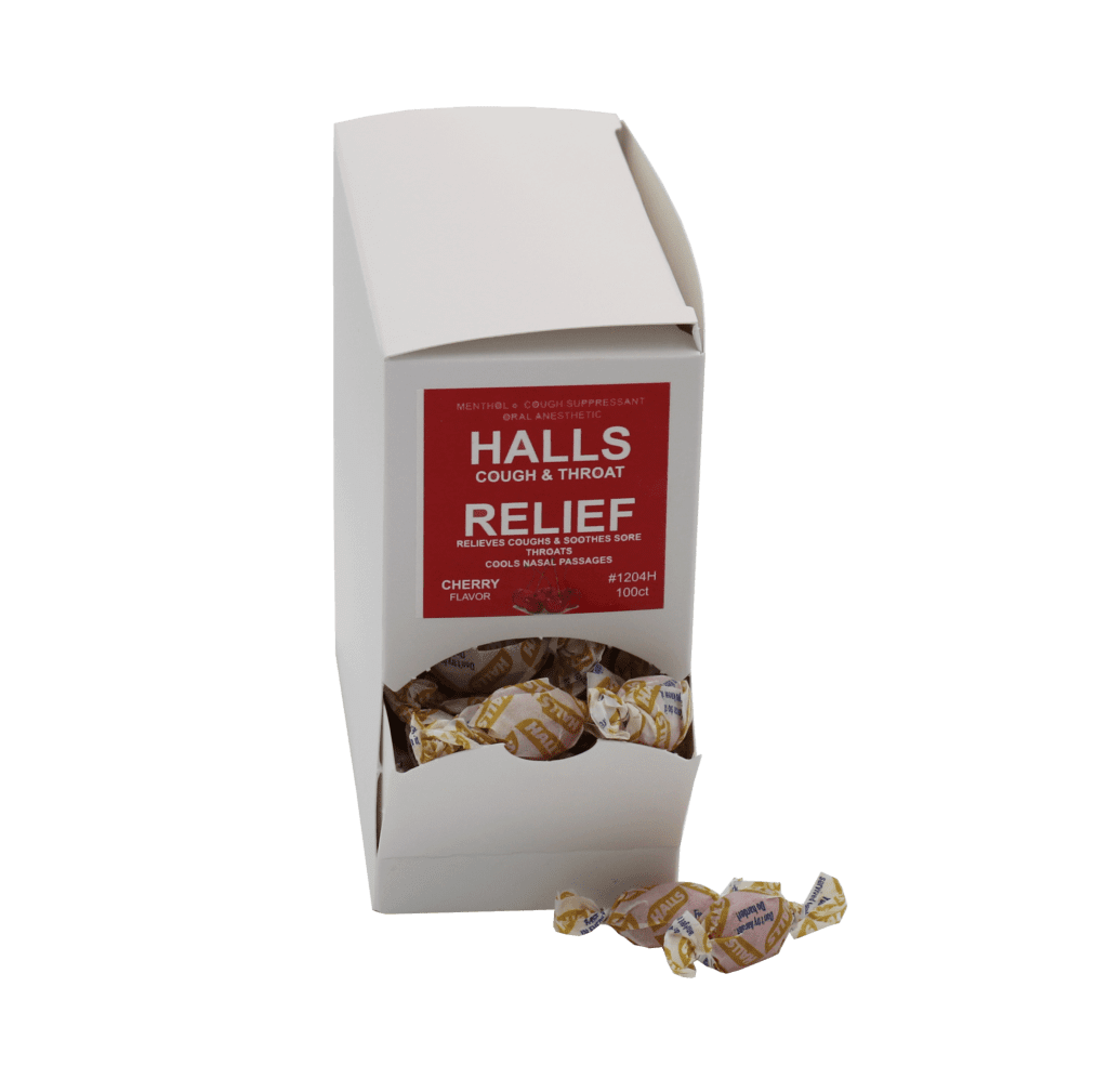 Halls Cough Drops 100 count workplace dispenser box.