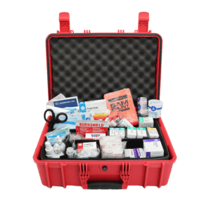 Class B Deluxe Large First Aid Kit in a durable Red Rugged Waterproof Case