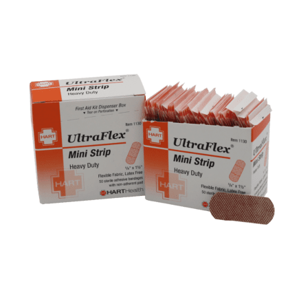 Ultraflex mini strip bandage in workplace dispenser box.