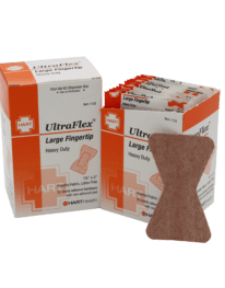 Ultraflex Flexible Fabric Large Fingertip Bandages in workplace dispenser box.