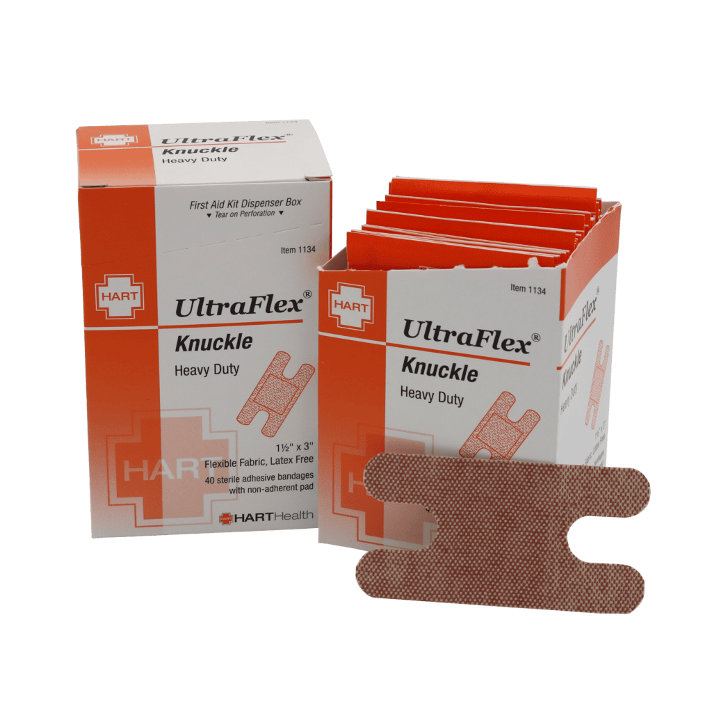 Ultraflex Heavy Duty Knuckle Bandages in workplace dispenser box.