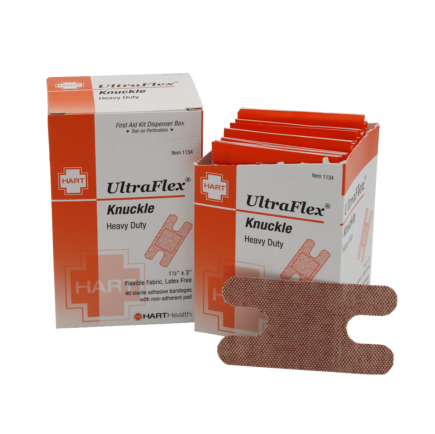 Ultraflex Heavy Duty Knuckle Bandages in workplace dispenser box.