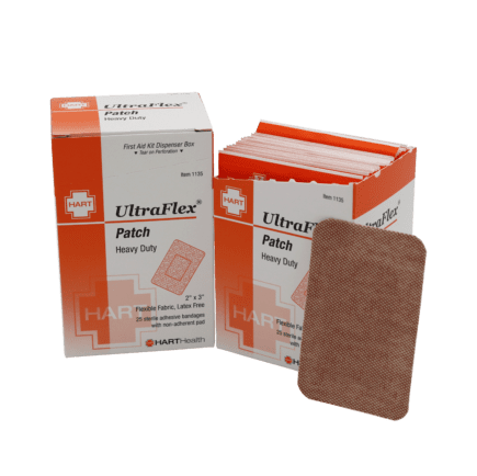 Ultraflex heavy duty patch bandage in workplace dispenser box.