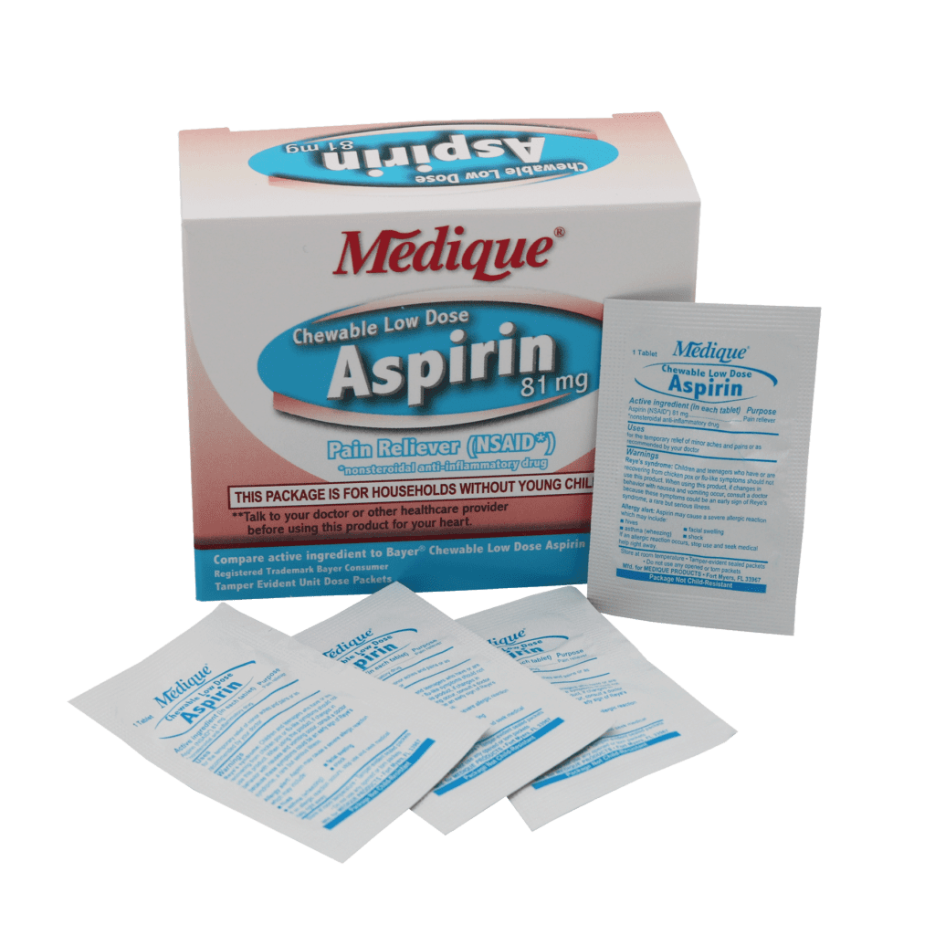 Chewable Low Dose Aspirin 81mg, packaged for the workplace.