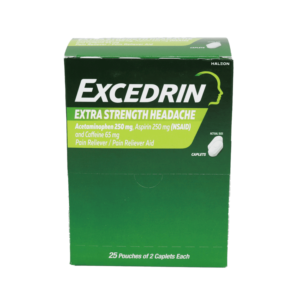 Excedrin Extra Strength individual packets in a dispenser box.