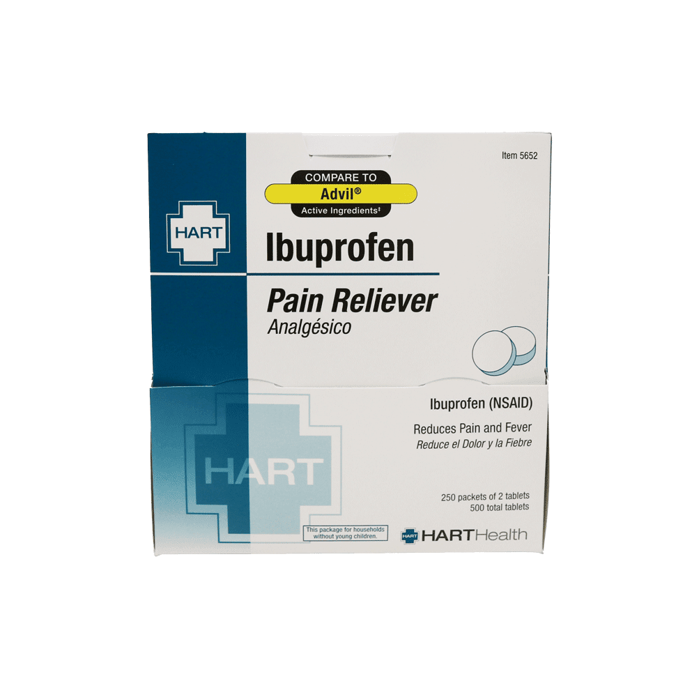 Ibuprofen Pain Reliever Packets in workplace dispenser box.