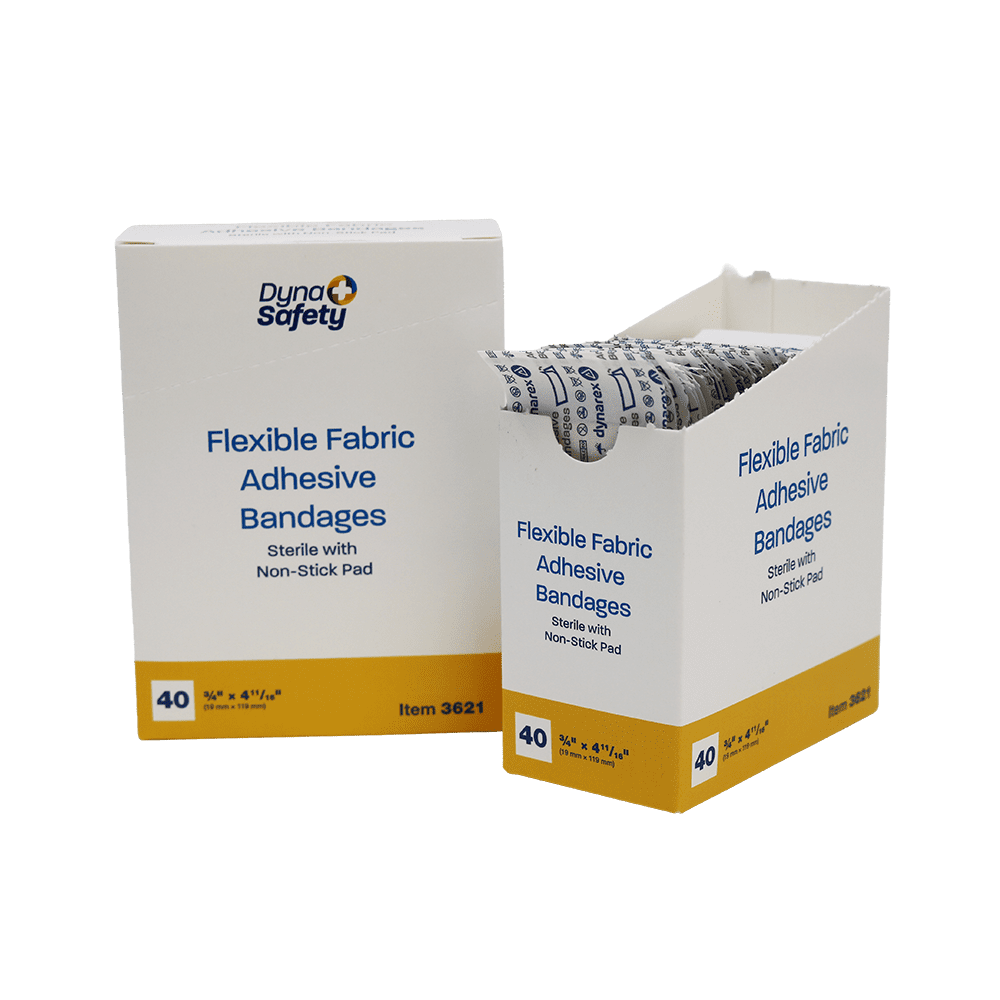 Dynarex XLong fingerwrap bandages in workplace dispenser box.