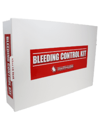 Industrial Bleeding Control Station in metal wall mount cabinet with 8 individual public access stop bleeding kits.