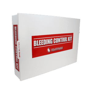 Industrial Bleeding Control Station in metal wall mount cabinet with 8 individual public access stop bleeding kits.
